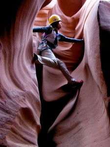 Yours truly downclimbing a silo in Leprechaun Canyon. Photo by Ben Smith.