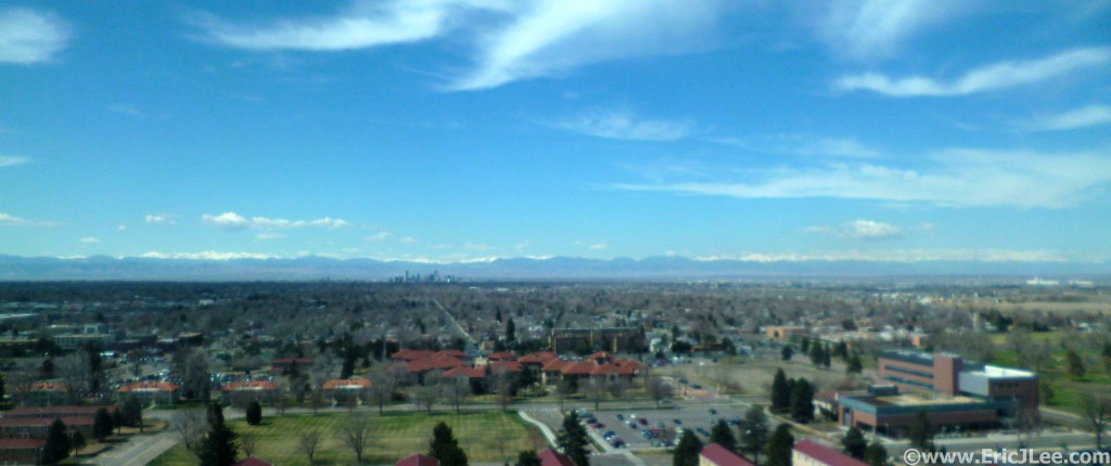Staring out the lab window at downtown Denver and the Rocky Mountains in the distance. 4/4/13.