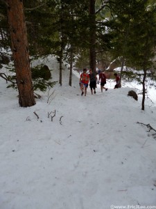 Amanda, Adelaide, Jason and Kevin heading up a snow covered Bear Canyon on 4/20/13.