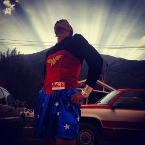 Rocking Dana's Wonder Woman outfit at the 2012 Leadville100 as a Pacer. Photo by Kelly Chadwick.