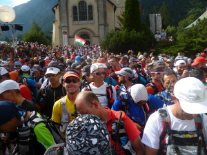 Chris (yellow) amongst the throngs at the start of the UTMB.