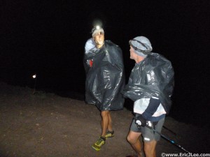 Billy and Ben showing off the latest running fashion on Engineer Pass, garbage bags.