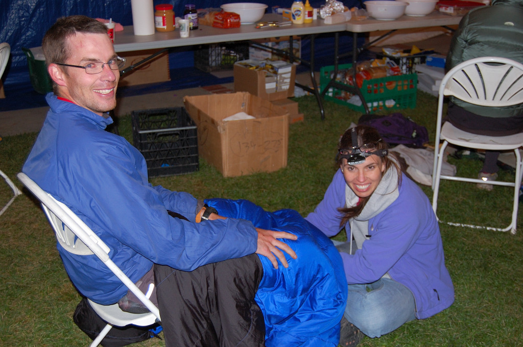 Pacer and wife offering a post-race massage to a successful Leadville 100 finisher.
