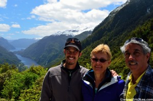 My parents and I pre-Doubtful Sound cruise, sunshine in Fiordlands.