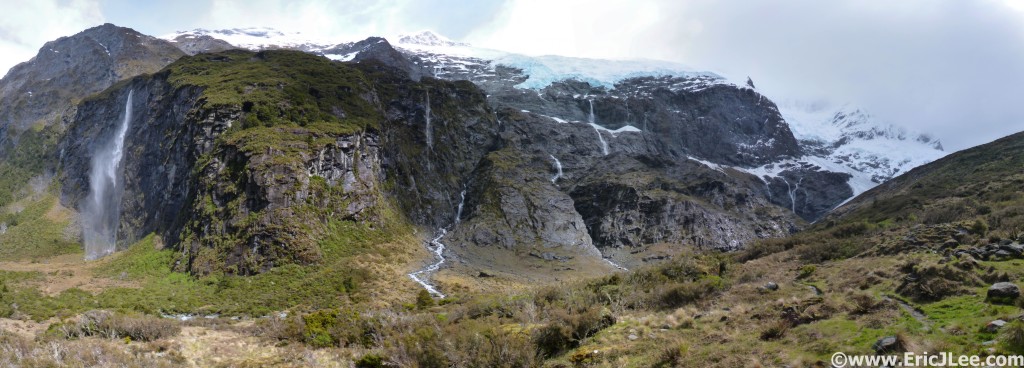 Rob Roy Glacier Valley, massive cliffs, 1000ft waterfalls, hanging glaciers, wow.