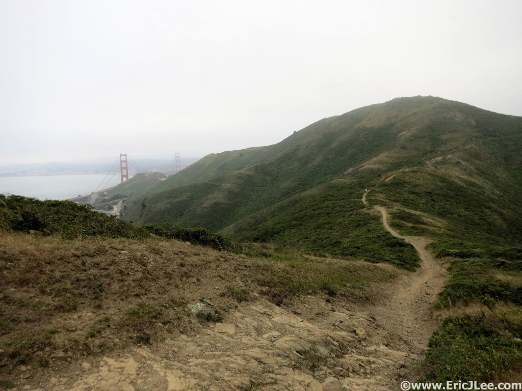 Running the trail with views of the Golden Gate Bridge through the fog.