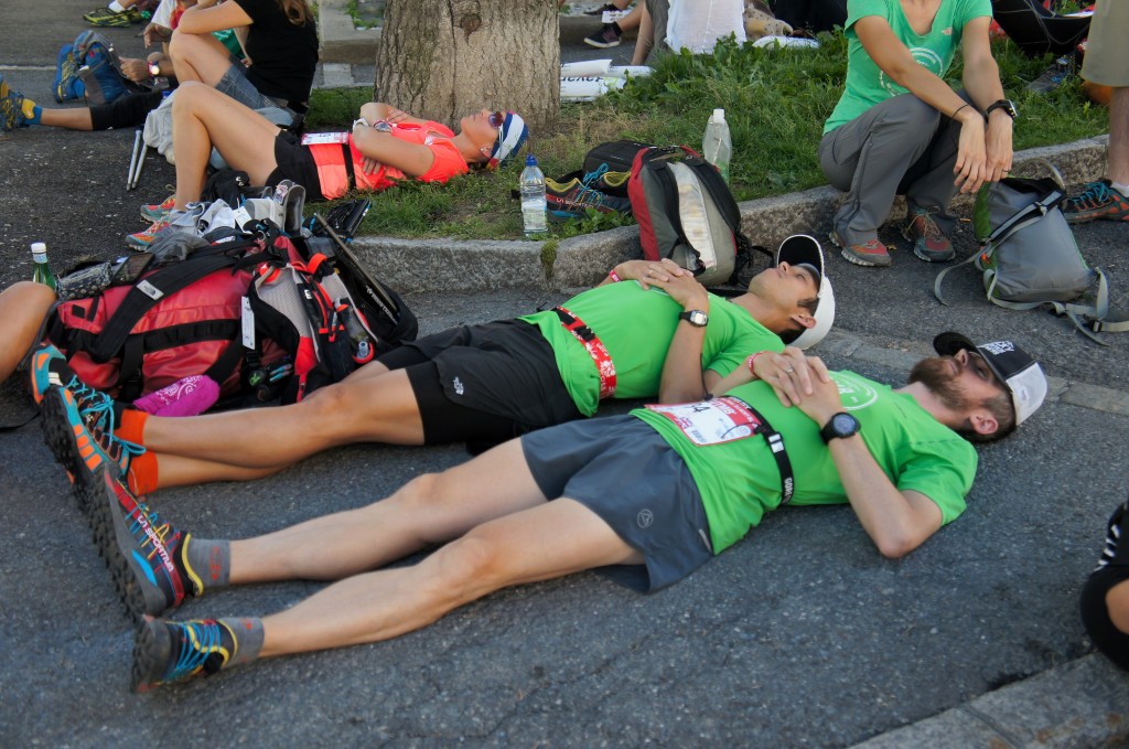 Team Colorado taking a little siesta before the afternoon start of UTMB. Photo by Kerwin Lee