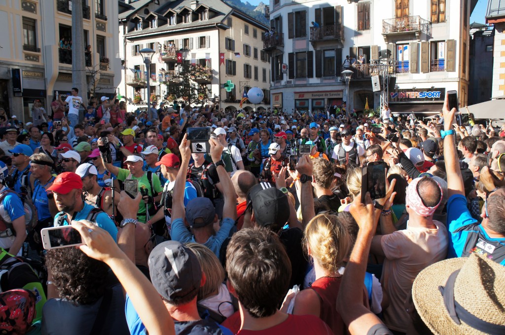 Start of the 2015 UTMB, runners streaming out of Chamonix. Photo by Kerwin Lee.