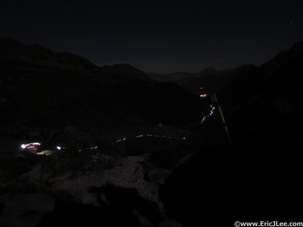 View of the line of headlamps between Notre Dame and La Balme from just below the Col du Bonhomme.