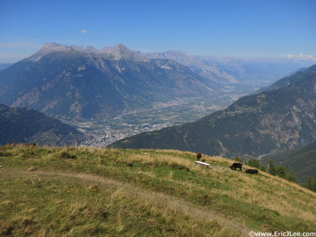 Finally at the top of the climb to La Giete, looking down into the Martigny Valley.