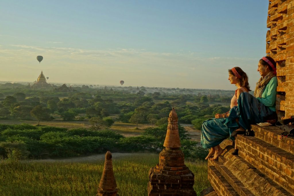 Enjoying sunrise over Bagan with new friends.